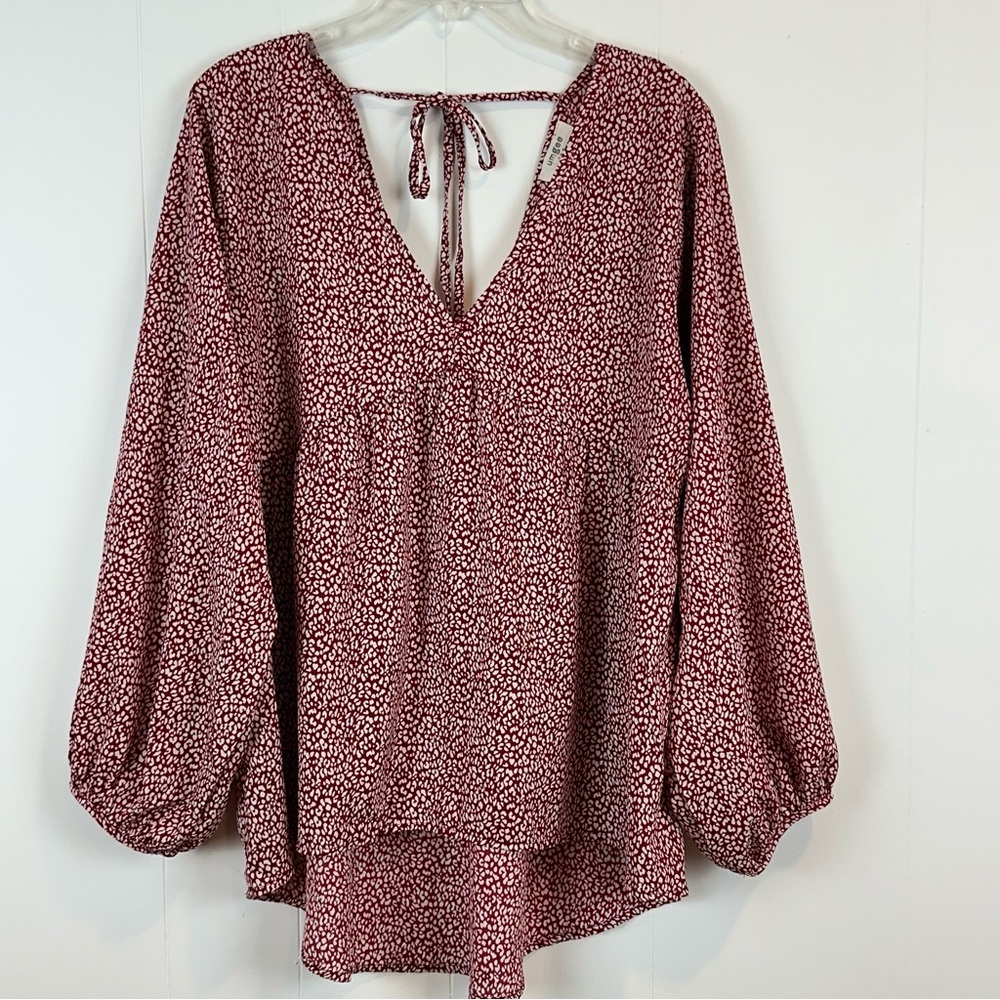 Umgee Open Back Leopard Print Puff Sleeve Hi Low Peasant Top Size L🔥